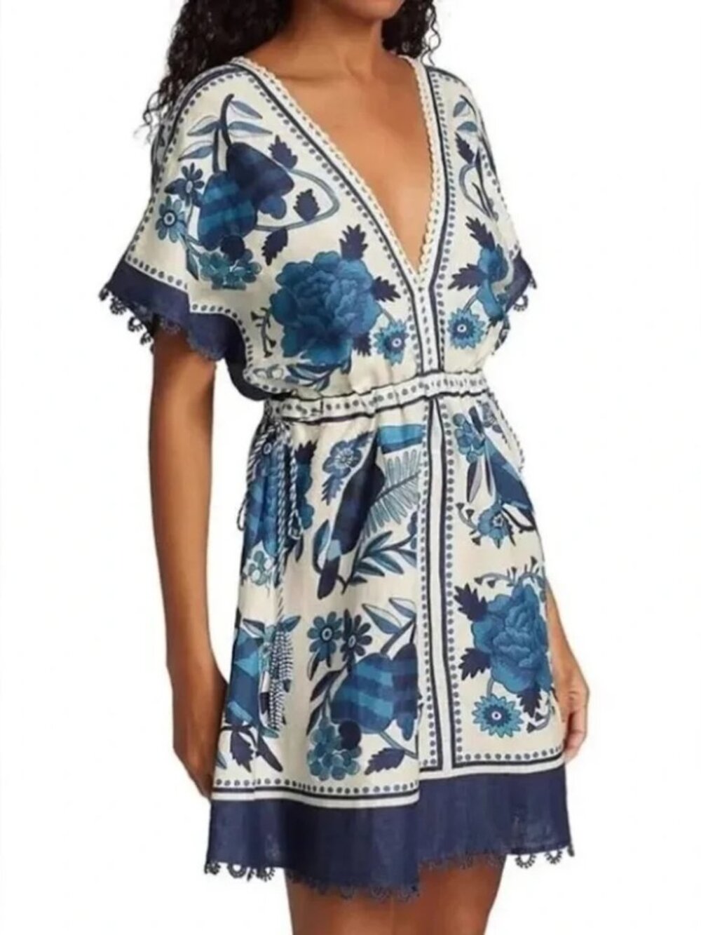 Farm Rio Tropical Tiles linen blend mini dress XS NWOT